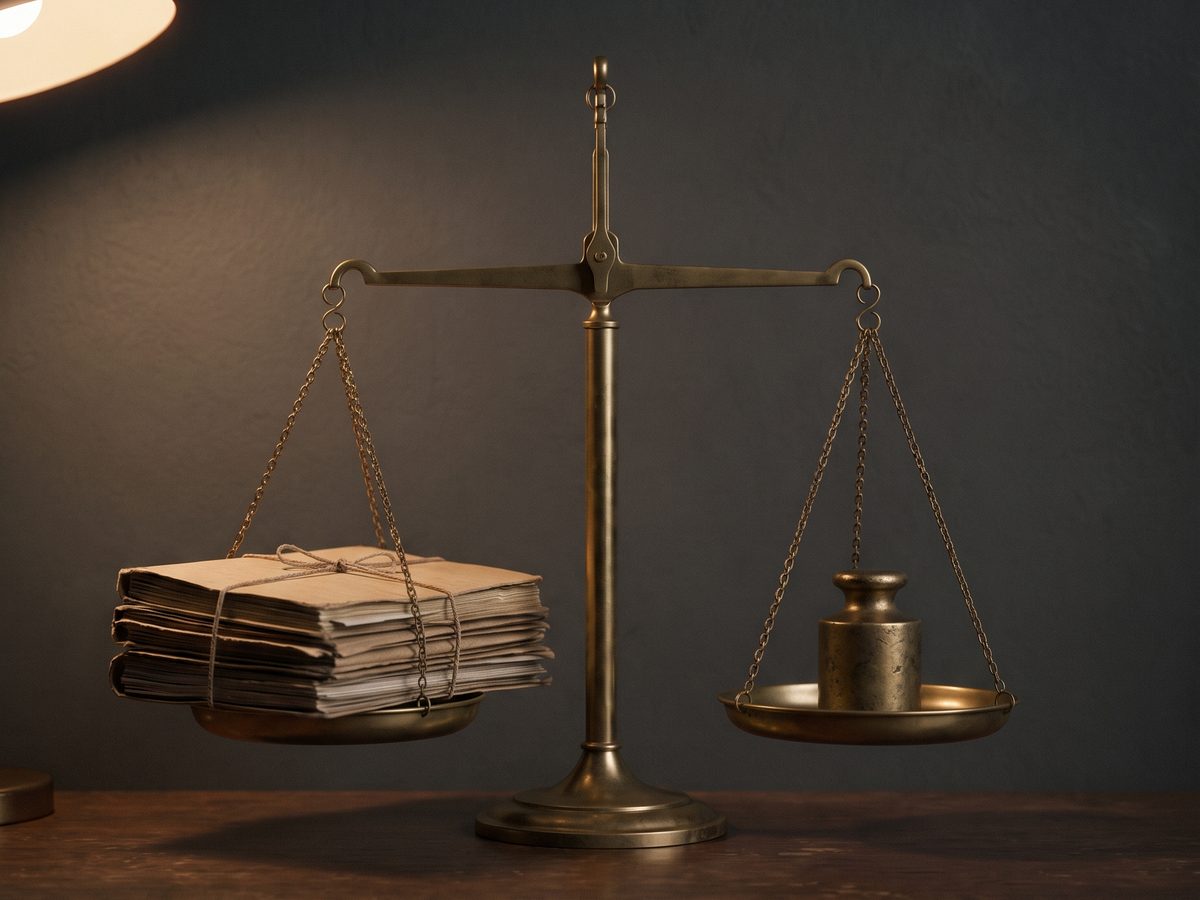 Весы в равновесии: на одной чаше бумаги, на другой гиря