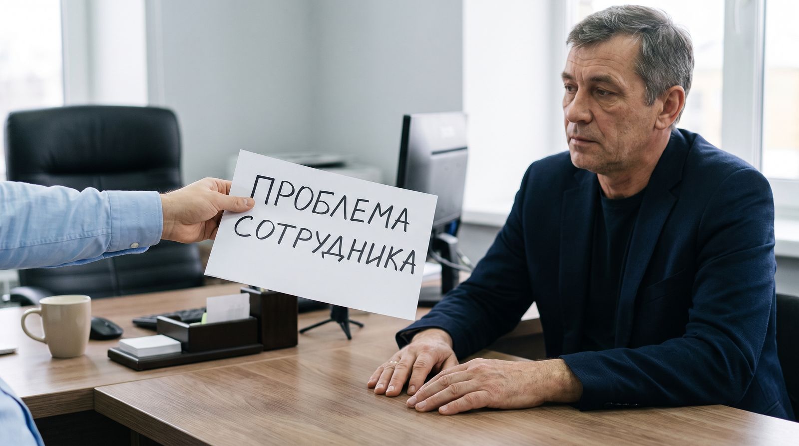 Сотрудник протягивает руководителю лист с надписью «Проблема сотрудника», руководитель его не берёт