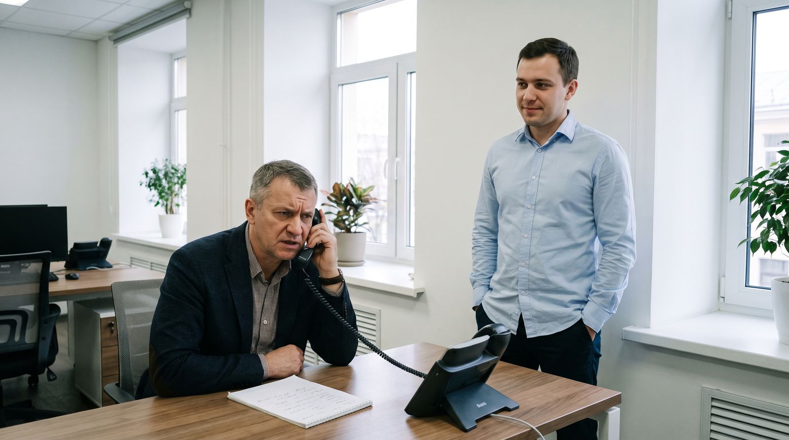 Руководитель сам звонит клиенту, сотрудник стоит рядом, руки в карманах